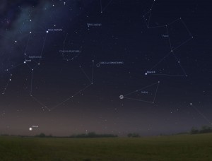 The location of Comet C/2011 L4 (PANSTARRS) on Feb. 3 about an hour before sunrise as seen from 35 S latitude. Click to enlarge.