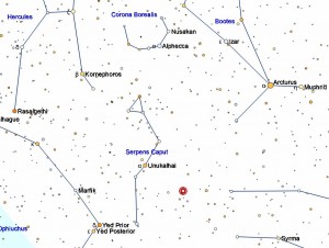 The globular cluster M5 lies 7.5 degrees to the southwest of the star Unukalhai in the constellation Serpens. Click to enlarge.