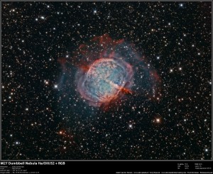 A new image of the planetary nebula M27 which combines light from ionized hydrogen, oxygen, and sulfur. Click to enlarge.