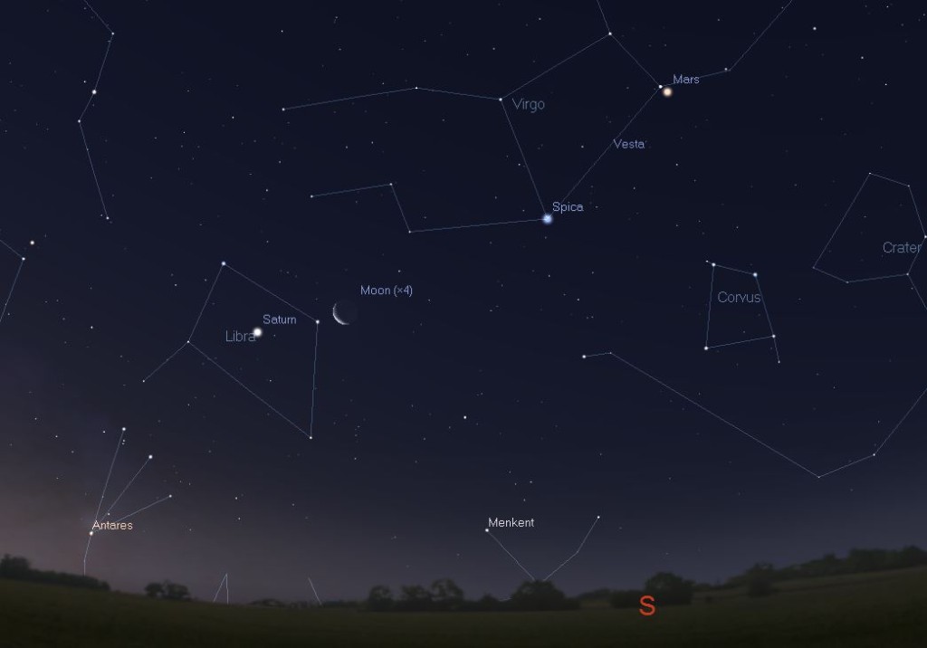Saturn, a waning crescent Moon, Mars, and the bright star Spica in the southeaster sky before sunrise on Dec. 28, 2013.