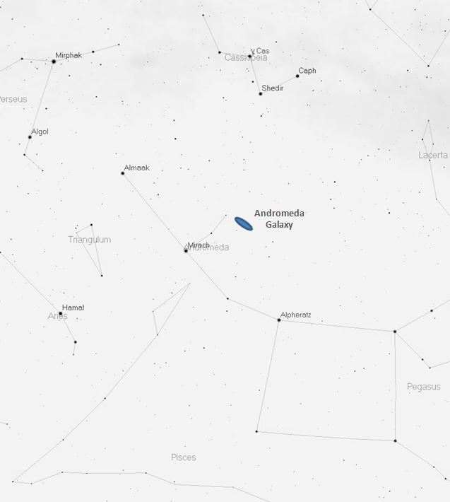The “Great Square” of Pegasus lies overhead on northern autumn evenings.  The position of the Andromeda Galaxy is shown in this map