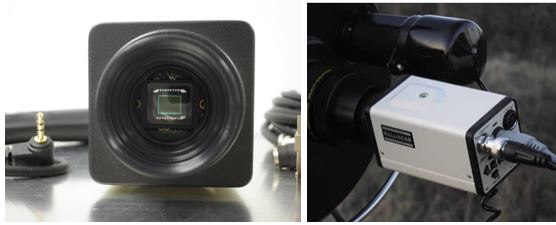 The sensor of an astro video camera as seen looking at the front of the camera (left); a camera inserted into the focuser of a telescope (right)