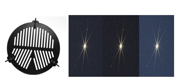 A Bahtinov mask (left); images of a star through a Bahtinov mask showing underfocus on the left side, overfocus at right, and perfect focus at middle where the vertical diffraction spike lies exactly between the diagonal spikes.