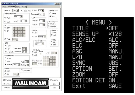 A screenshot from a computer application (left) for controlling a video camera; the on-camera control menu seen on a video monitor (right)