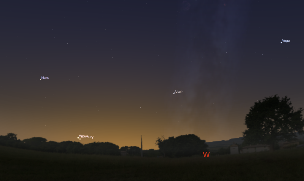 Mercury and Venus low in the western sky after sunset on January 10, 2015
