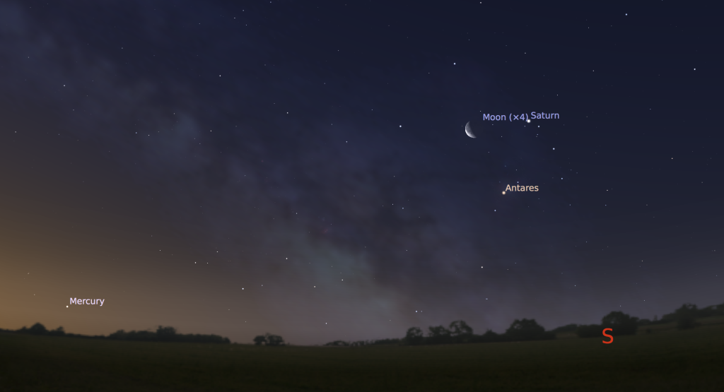 The waning crescent Moon, Saturn, and red-orange Antares as seen before dawn on February 21, 2015 in the eastern sky in the northern hemisphere. The group will lie much higher above the eastern horizon before dawn as seen from the southern hemisphere.
