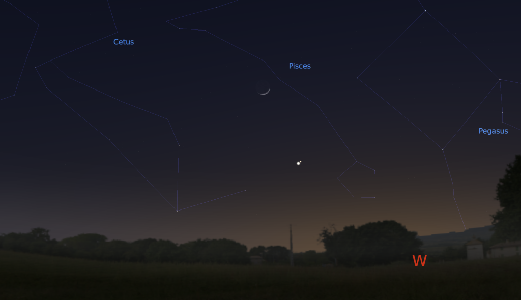 Venus and Mars appear about 1/2 a degree apart near the crescent Moon on February 21, 2015 in the western sky after sunset.