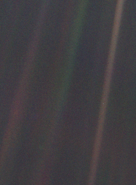 The ‘Pale Blue Dot’ image taken by Voyager 1 on February 14, 1990. The Earth is at middle right.